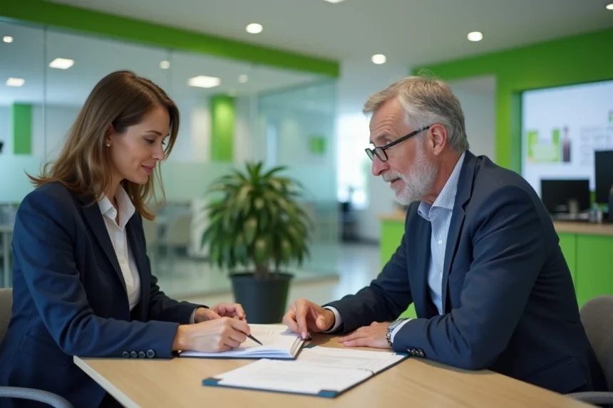 Conseillère bancaire du Crédit Agricole Morbihan en entretien avec un client dans une agence moderne