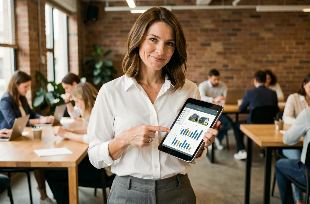 Conseillère en investissement présentant un portefeuille de SCPI sur tablette dans un espace de coworking