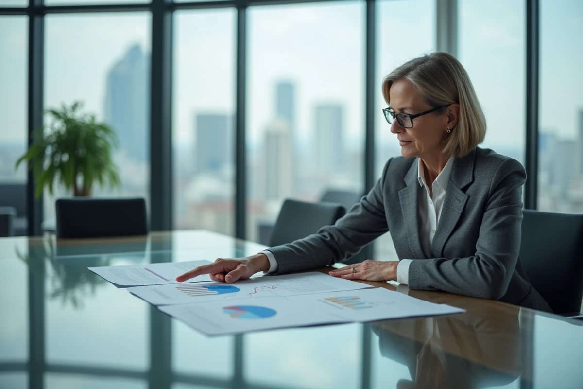 Conseillère financière présentant une simulation de rendement SCPI à crédit lors d'une réunion professionnelle