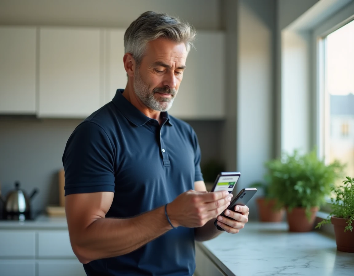 Homme consultant le solde de sa carte cadeau Ticket Kadéos via son smartphone dans une cuisine moderne