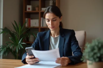 Une femme particulière consulte les contacts de La Banque Postale sur son smartphone depuis son bureau à domicile