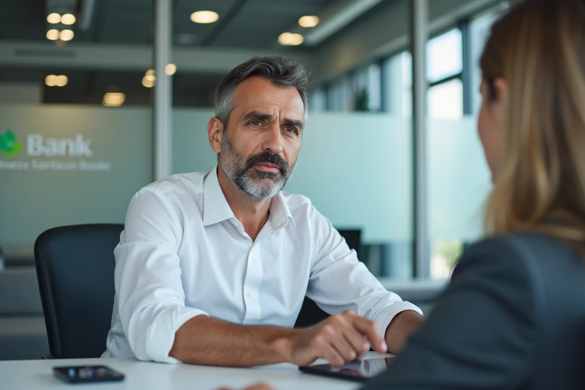 Un professionnel en rendez-vous avec un conseiller La Banque Postale dans une agence bancaire moderne