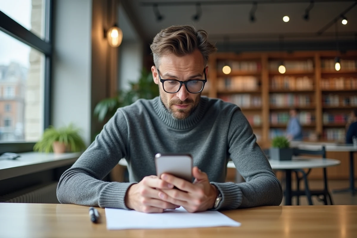 Homme recherchant les coordonnées et horaires de La Banque Postale centre financier 45900 sur son téléphone