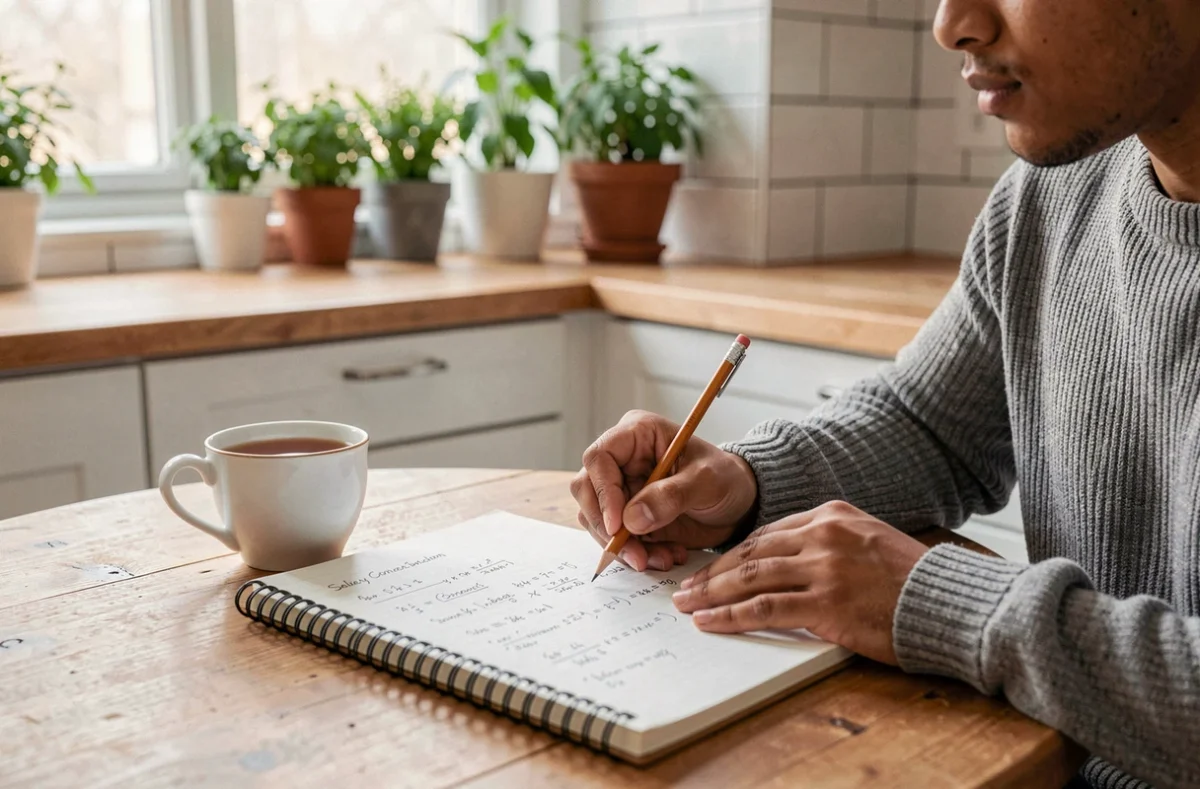 Personne calculant la conversion salaire brut en net dans un carnet dans une cuisine moderne