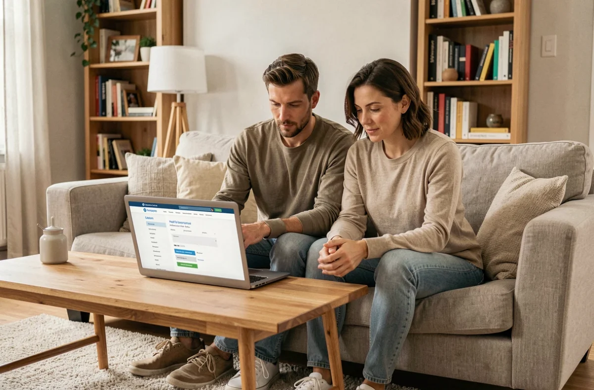 Couple comparant des offres de mutuelle santé sur un ordinateur portable