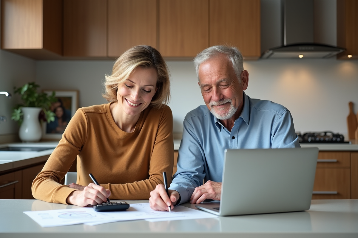 Couple d'âge moyen travaillant à la maison avec papiers et ordinateur