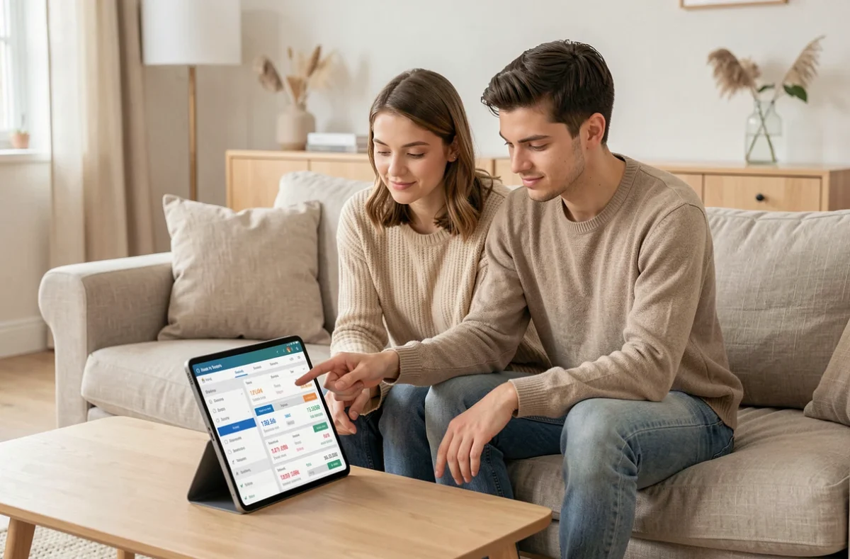 Jeune couple consultant les fonctionnalités de gestion de budget de Société Générale Particulier sur tablette dans un salon scandinave