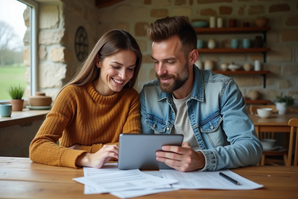 Couple breton examinant leurs relevés bancaires et l'application Crédit Agricole depuis leur domicile rural dans le Morbihan