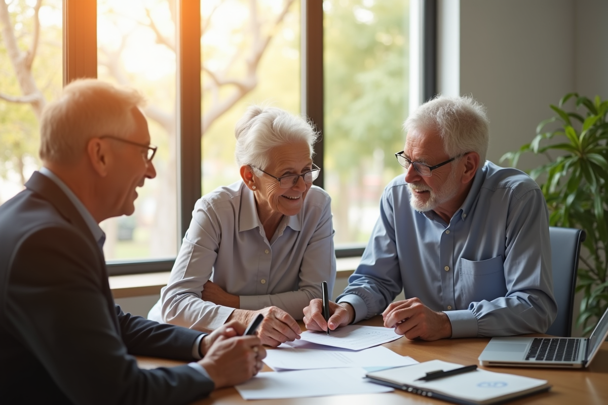 Couple senior rencontrant un conseiller financier dans un bureau lumineux