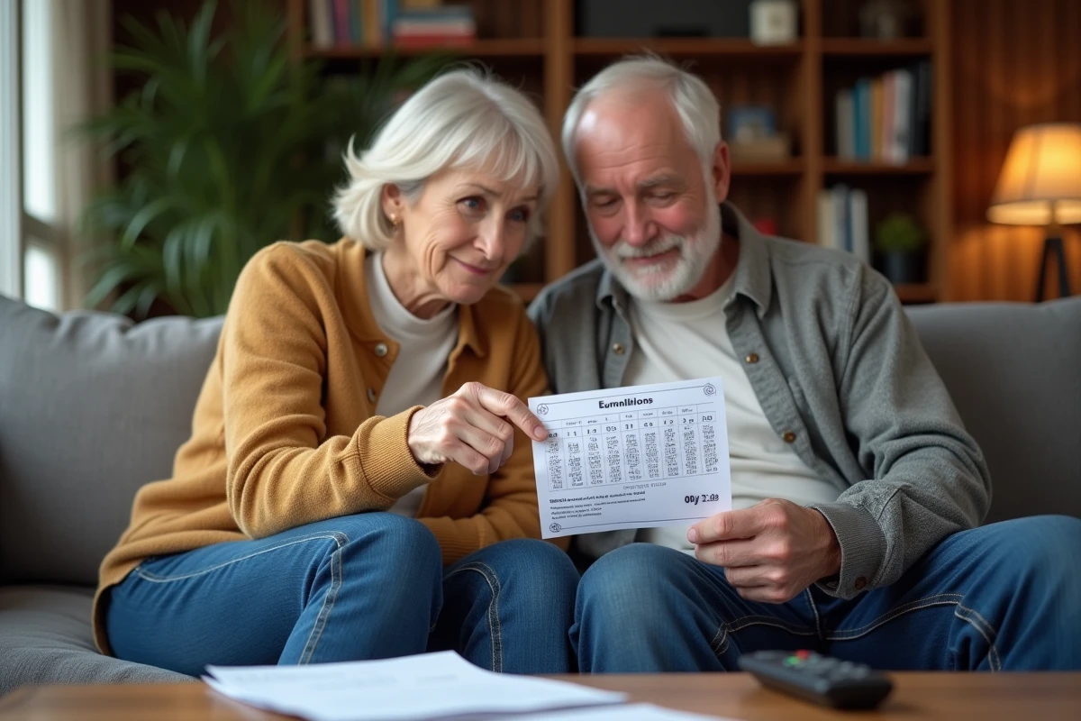 Couple vérifiant les résultats EuroMillions sur leur canapé avec une expression déçue