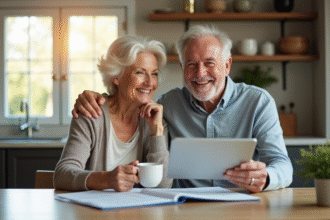 Couple senior souriant avec documents financiers et tablette