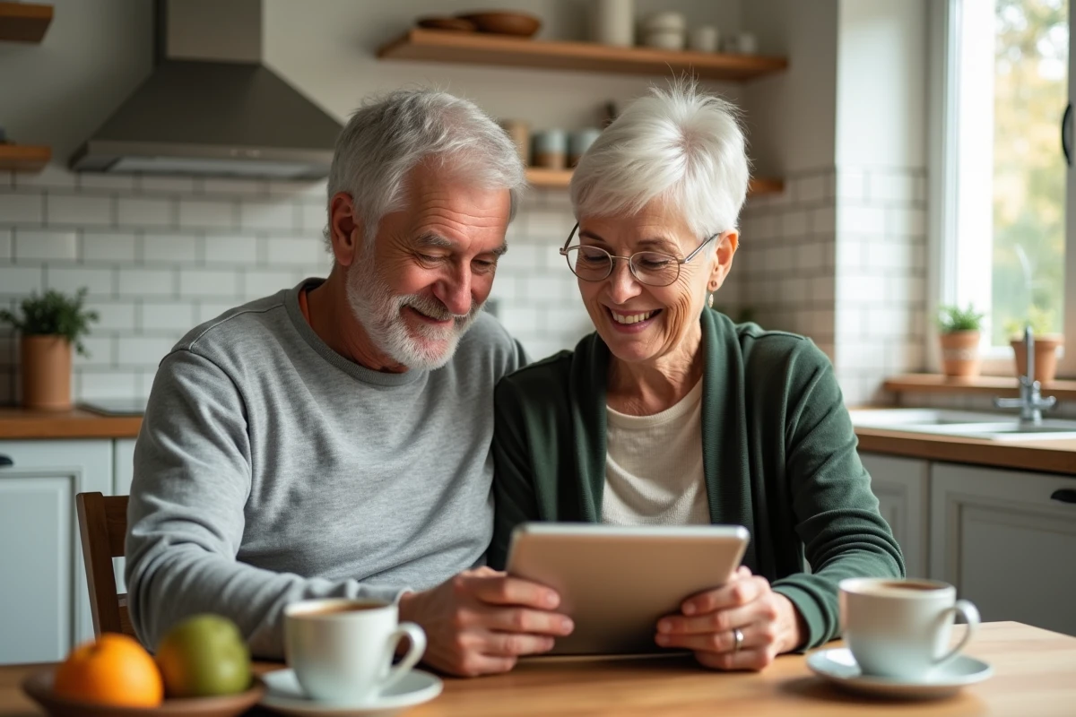 Un couple de retraités souriants consulte ensemble un site de gestion de retraite entreprise depuis leur cuisine