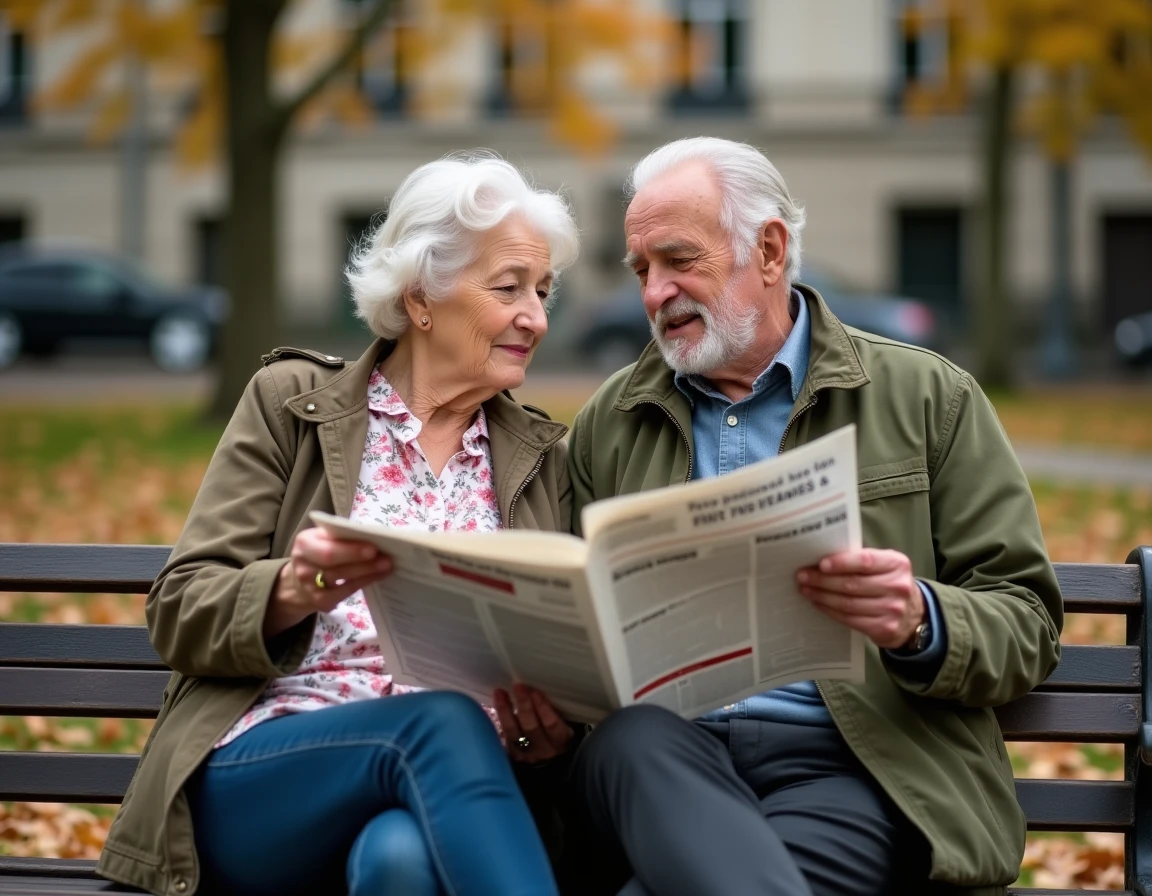 Couple de retraités français lisant un journal financier dans un parc en automne, symbolisant l'impact du revenu médian sur la retraite