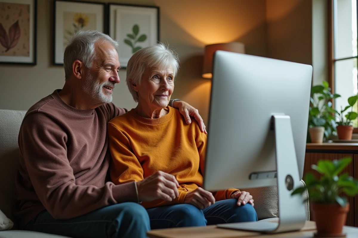 Couple de seniors consultant ensemble un espace client en ligne sur ordinateur dans leur salon, gestion de compte à domicile