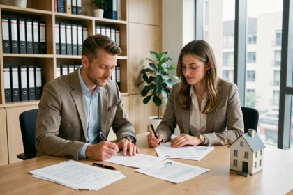 Couple signant un contrat d'assurance emprunteur pour un prêt immobilier dans un bureau de notaire