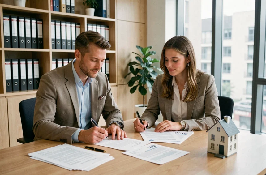 Couple signant un contrat d'assurance emprunteur pour un prêt immobilier dans un bureau de notaire