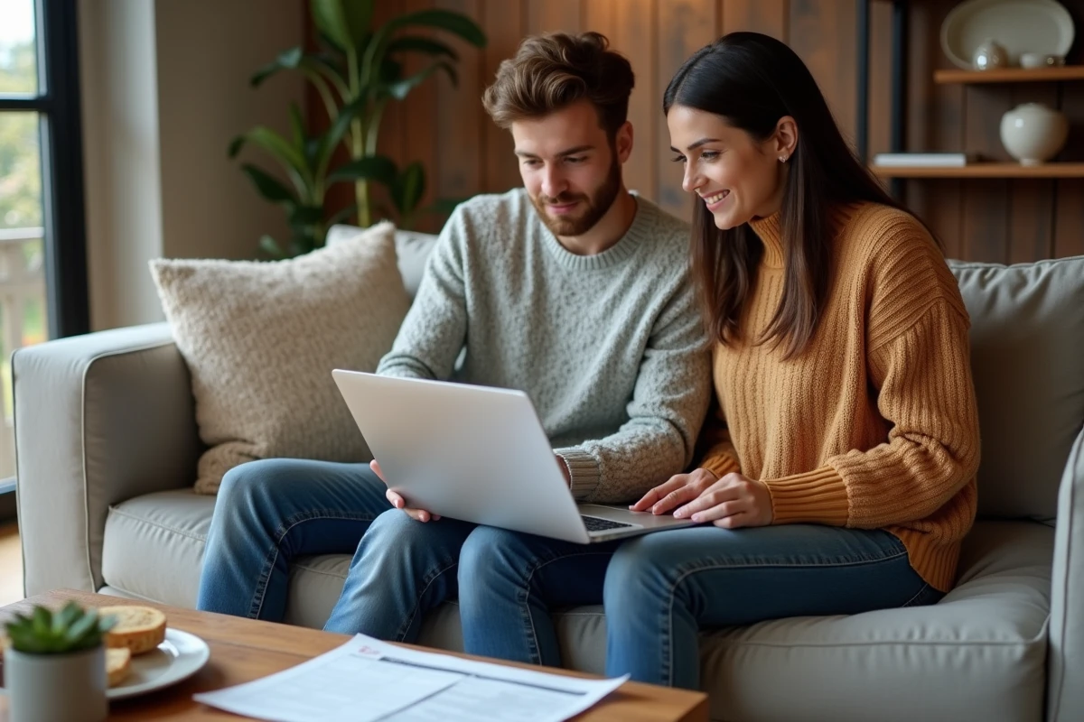 Couple de jeunes adultes consultant ensemble un simulateur d'impôt sur le revenu sur un ordinateur portable