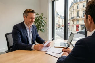 Courtier en assurance auto en Auvergne-Rhône-Alpes conseillant un client dans un bureau moderne à Lyon