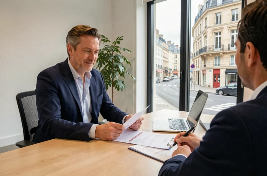 Courtier en assurance auto en Auvergne-Rhône-Alpes conseillant un client dans un bureau moderne à Lyon