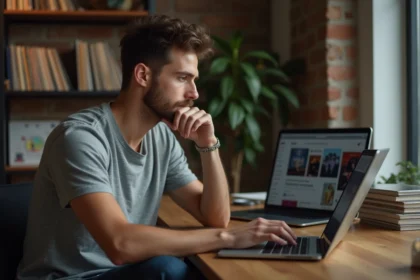 Jeune homme découvrant Blast Club sur son ordinateur portable dans un appartement urbain moderne