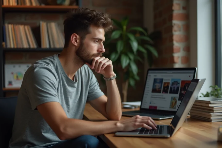 Jeune homme découvrant Blast Club sur son ordinateur portable dans un appartement urbain moderne