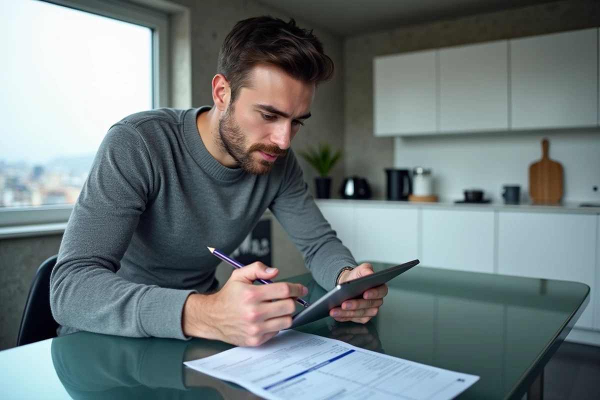 Homme utilisant une tablette pour simuler sa déclaration d'impôt sur le revenu 2026 dans un appartement moderne