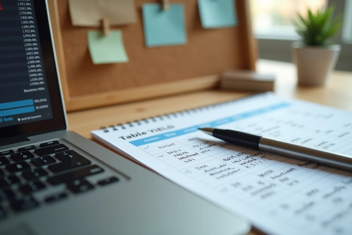 Gros plan sur une calculatrice et un carnet de notes avec des chiffres de rendement SCPI sur un bureau de travail