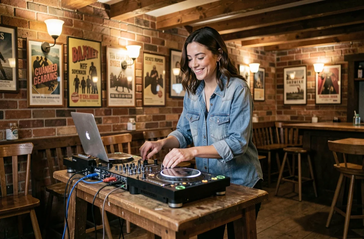 DJ féminine préparant son matériel dans un bar de province chaleureux et intimiste avant une soirée