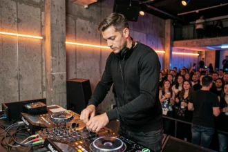 DJ masculin en train de mixer sur une console professionnelle dans une grande boîte de nuit parisienne animée