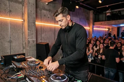 DJ masculin en train de mixer sur une console professionnelle dans une grande boîte de nuit parisienne animée