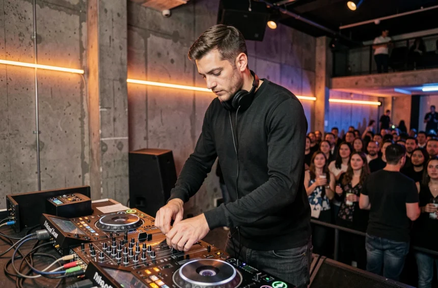 DJ masculin en train de mixer sur une console professionnelle dans une grande boîte de nuit parisienne animée