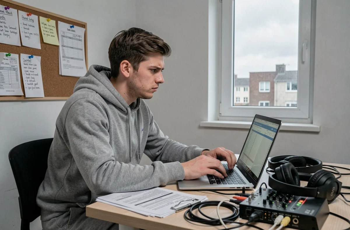 DJ assis à son bureau de home studio consultant des données salariales sur un ordinateur portable avec du matériel audio autour de lui