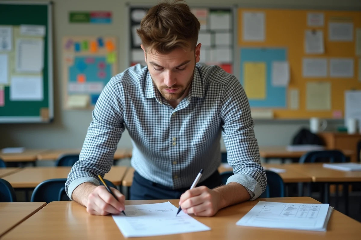 Jeune enseignant examine une fiche de paie à l