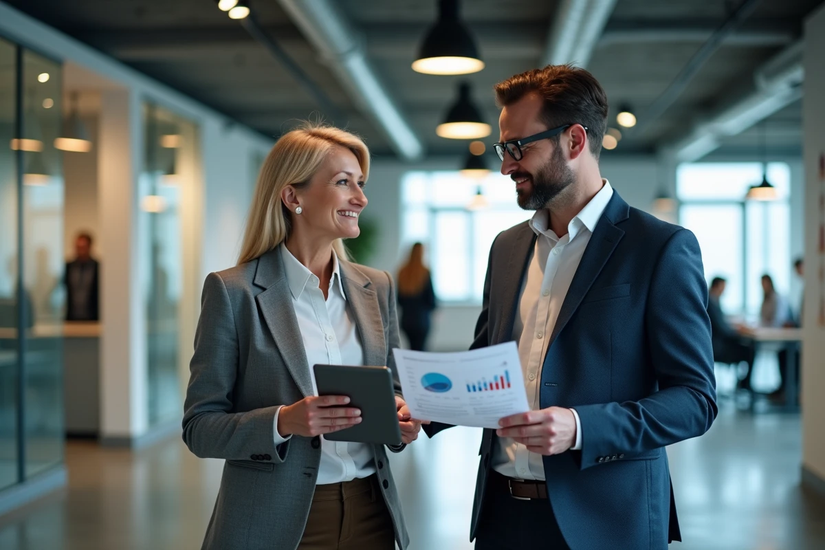 Deux professionnels Qlara collaborant sur des conseils en assurance personnalisée dans un espace de travail moderne