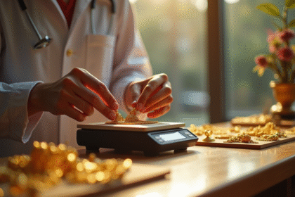 Mains professionnelles pesant bijoux en or vintage dans une bijouterie lumineuse