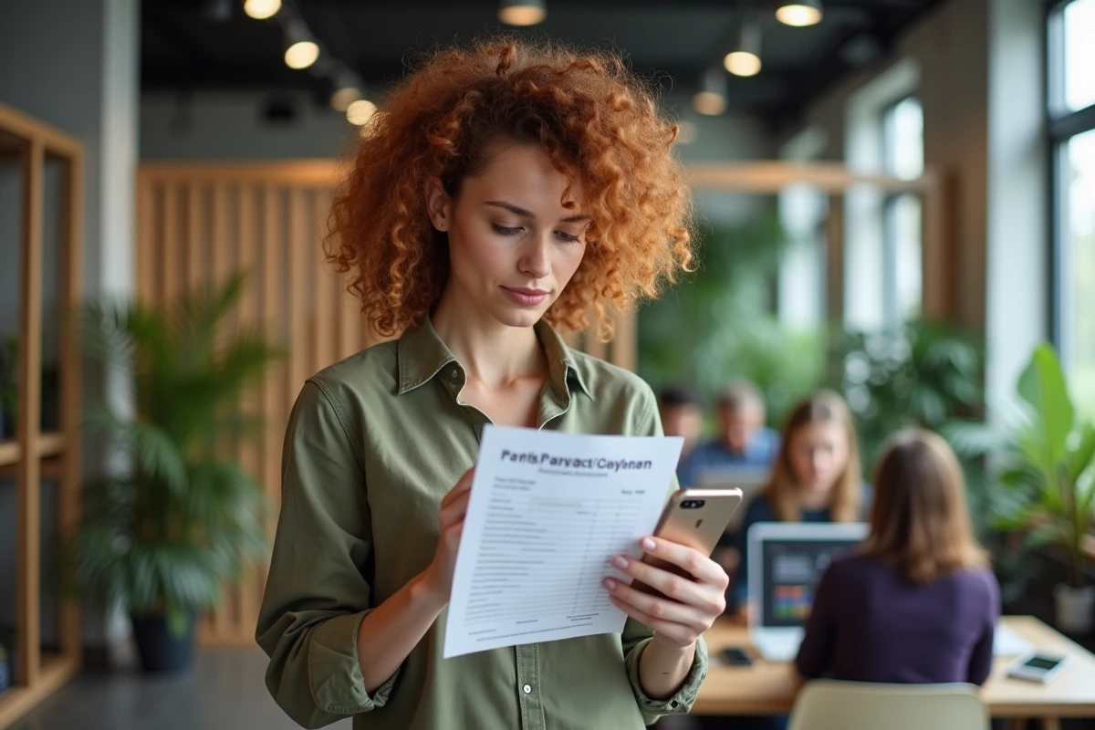 Jeune femme en espace de coworking consultant un calculateur de salaire net pour un brut de 2400 euros sur smartphone