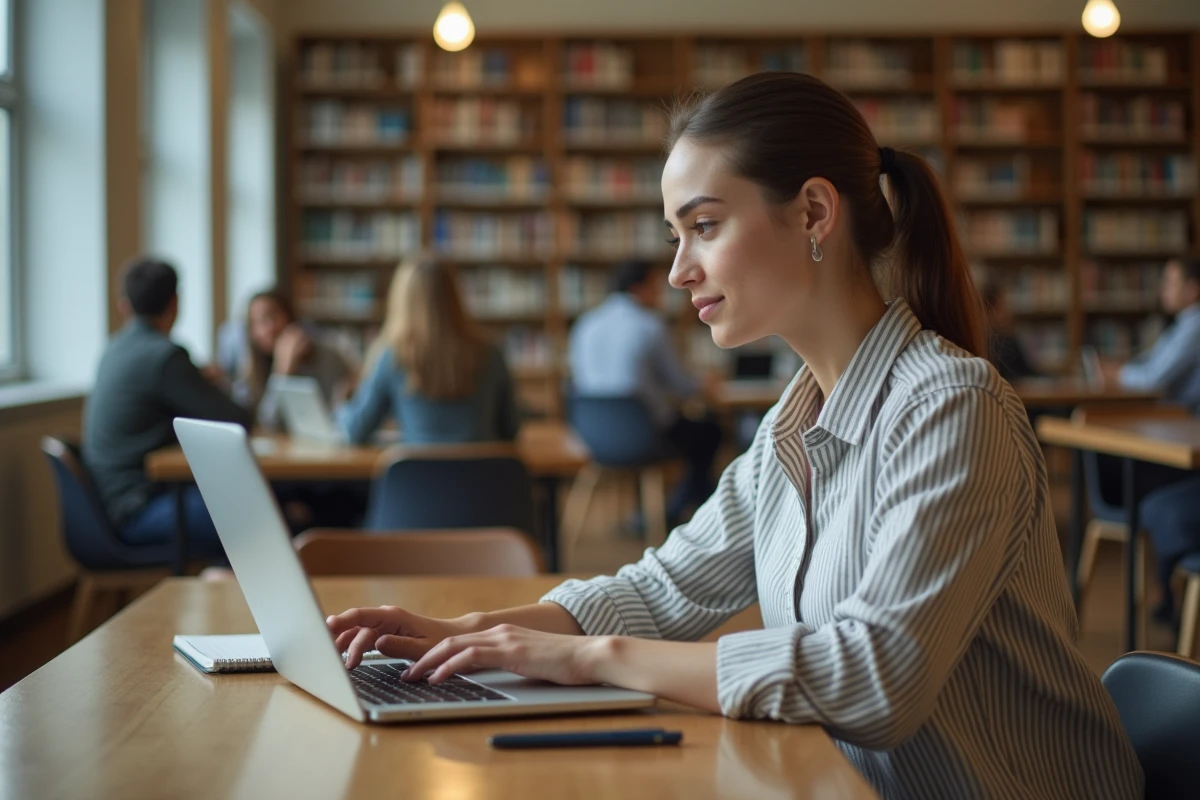Jeune femme consultant son espace client Free pour régler une facture dans une bibliothèque