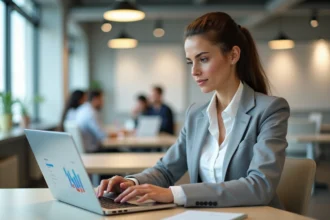 Femme professionnelle consultant son espace client en ligne sur un ordinateur portable dans un bureau moderne en 2026