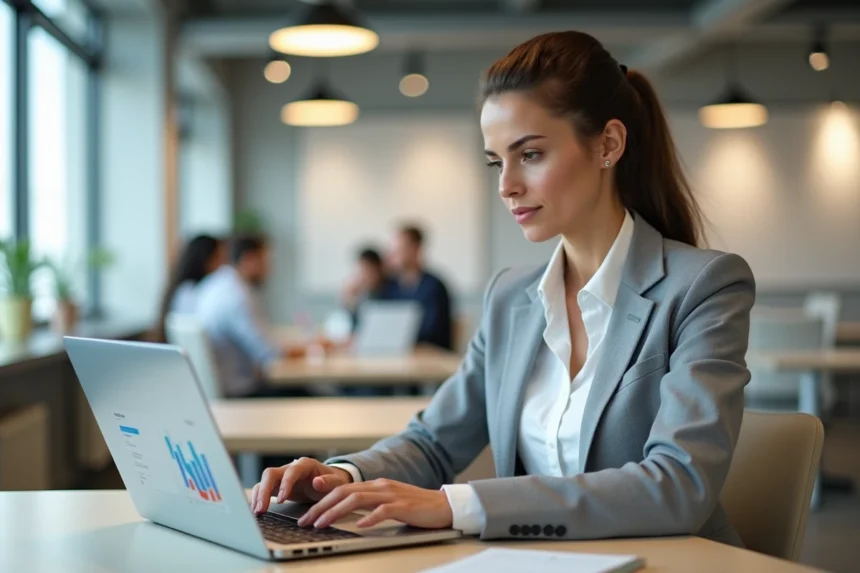 Femme professionnelle consultant son espace client en ligne sur un ordinateur portable dans un bureau moderne en 2026