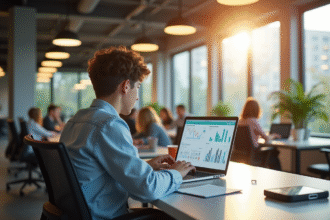 Espace coworking moderne avec jeune freelance au bureau