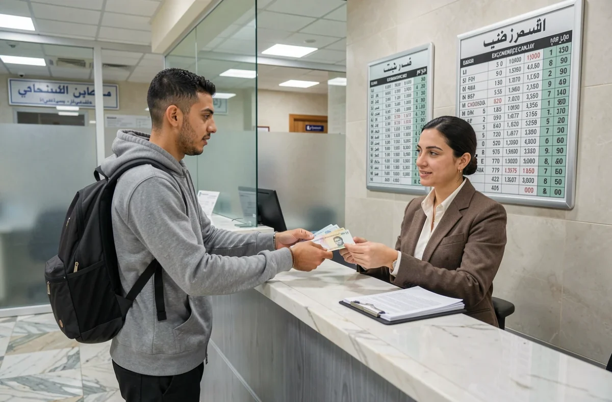 Étudiant marocain échangeant des dirhams en euros au guichet d'une banque à Casablanca
