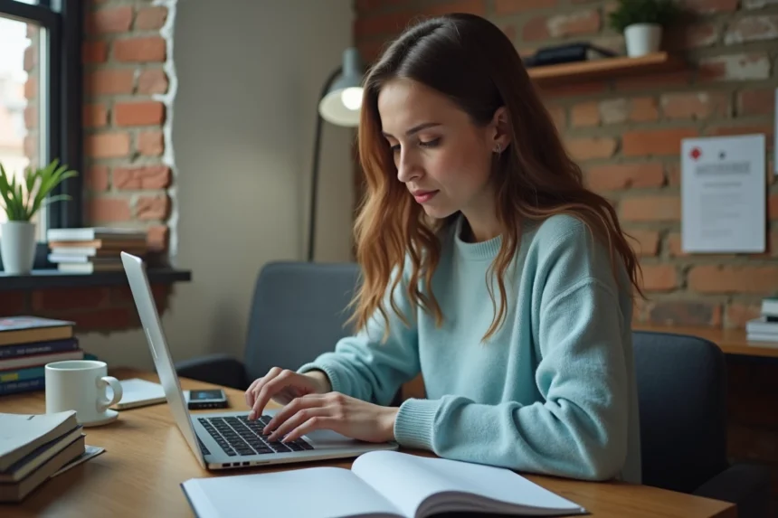 Jeune étudiante consultant ses documents APL sur un ordinateur portable dans son appartement