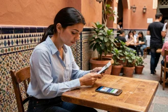 Étudiante marocaine consultant un convertisseur de devises dirham euro sur smartphone dans un café de Marrakech