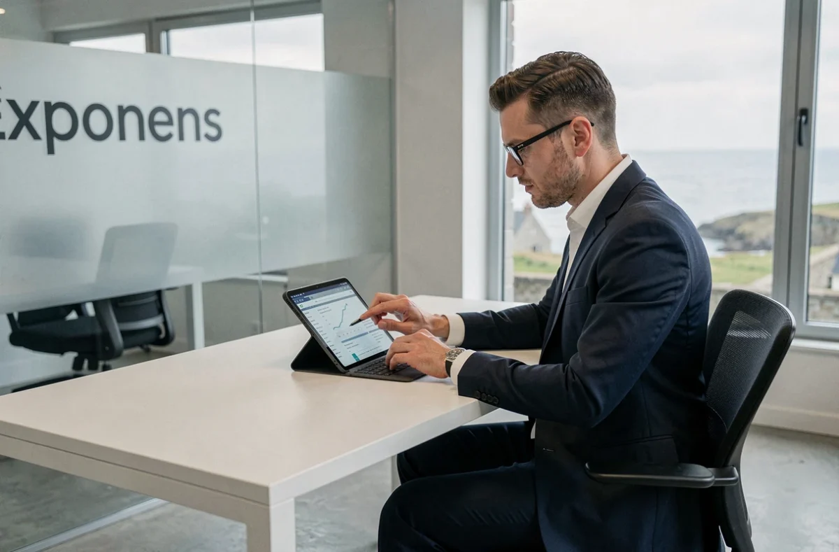 Expert-comptable d'Exponens consultant des documents fiscaux numériques dans un bureau contemporain avec vue sur la Bretagne