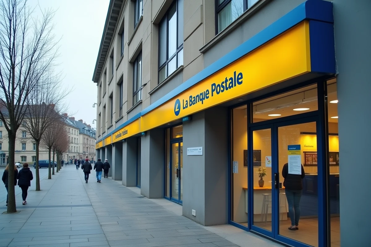 Façade extérieure du centre financier La Banque Postale à La Source cedex 9 avec affichage des horaires d'ouverture