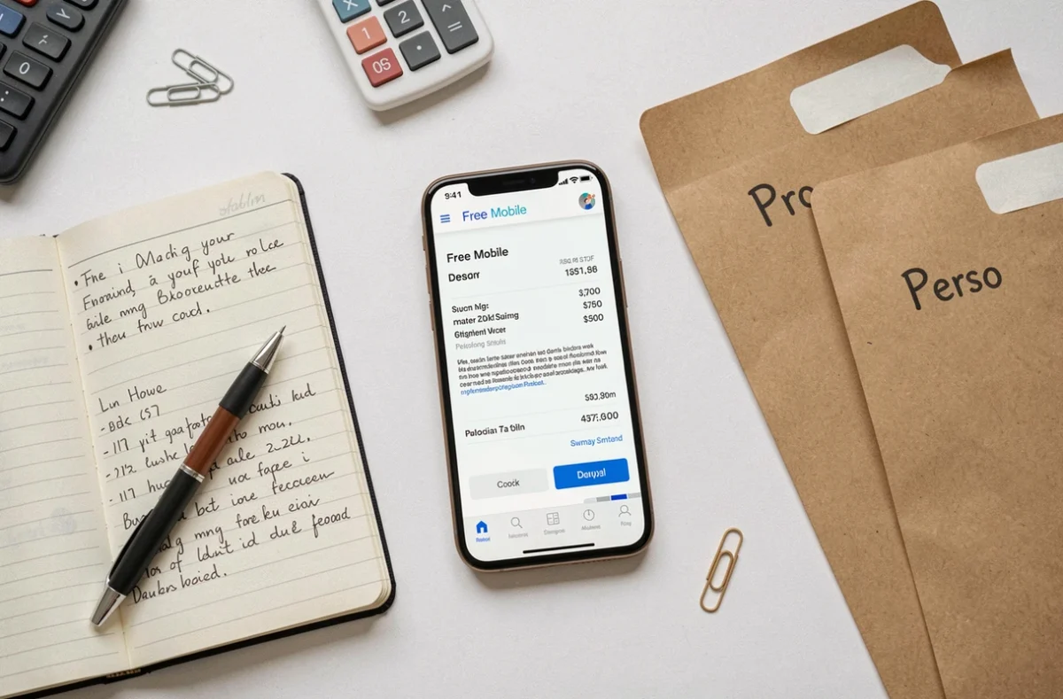 Vue de dessus d'un bureau avec facture Free Mobile sur smartphone et dossiers comptables classés pro et perso
