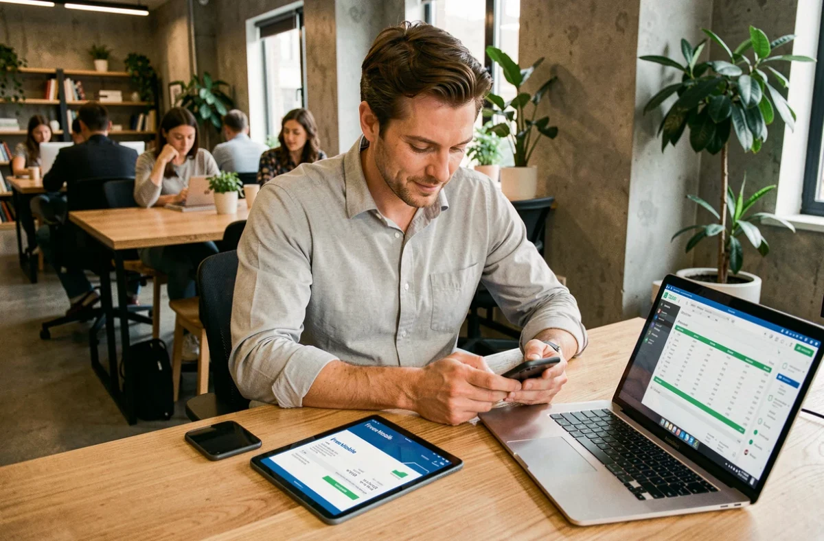Homme consultant une facture Free Mobile pro sur tablette dans un espace de coworking pour sa comptabilité