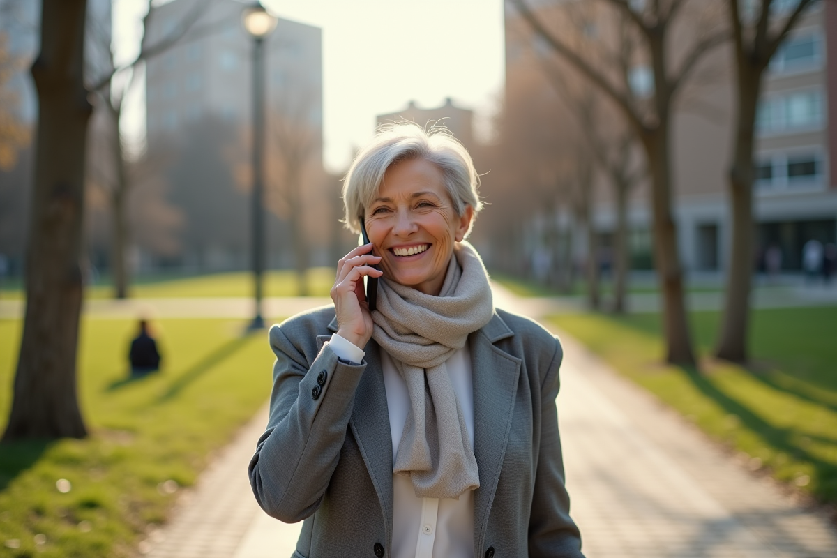 Femme élégante marche dans un parc urbain en parlant au téléphone