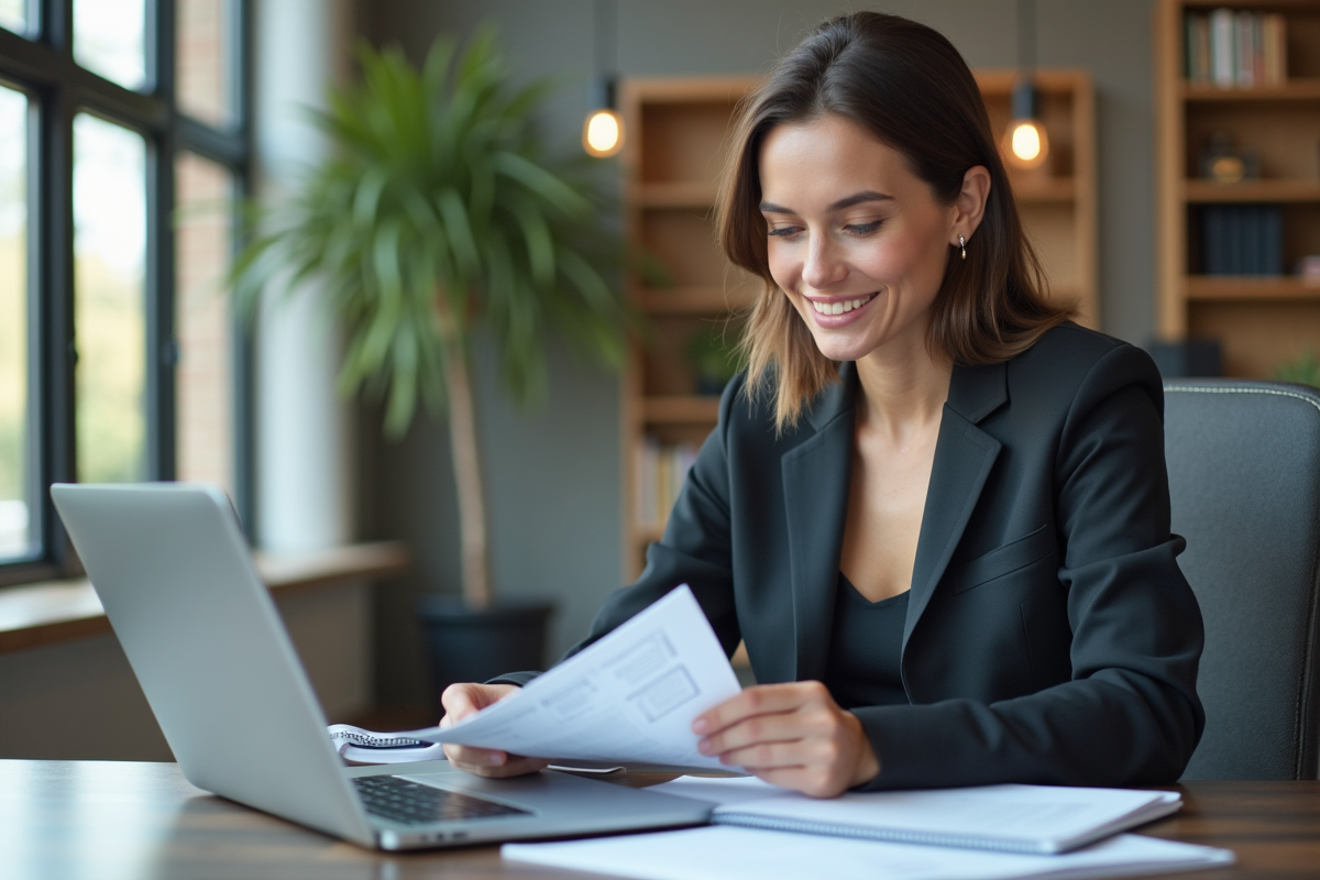 Femme d'affaires souriante dans un bureau moderne à Bordeaux