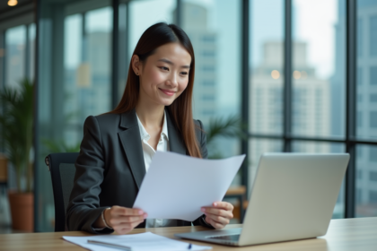 Femme d'affaires en bureau avec documents et cityscape